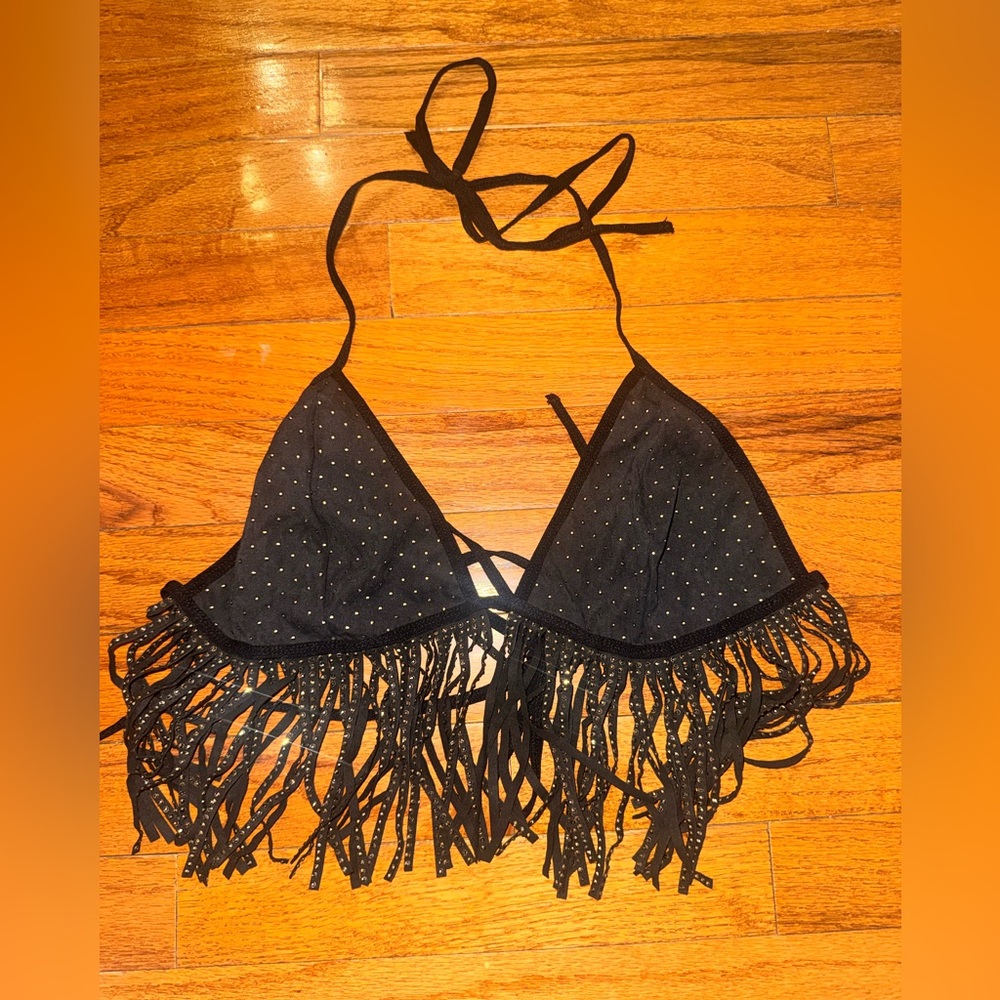 Black Fringe Rhinestone Bralette Crop Top